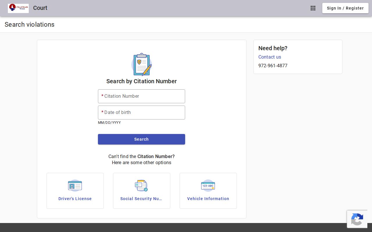 Rockwall County Heath traffic citation search fields