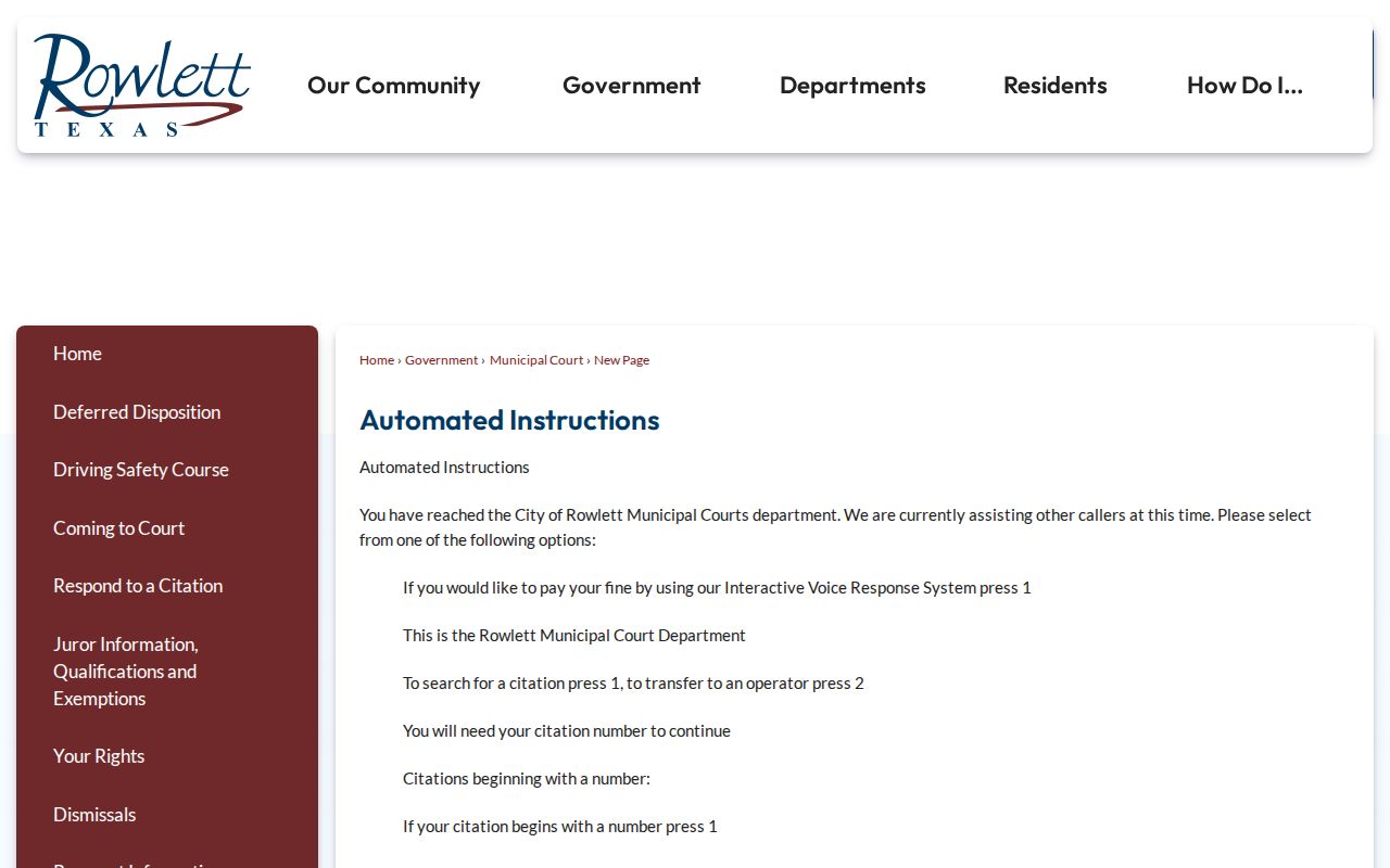 Rowlett court records IVR citation lookup instructions